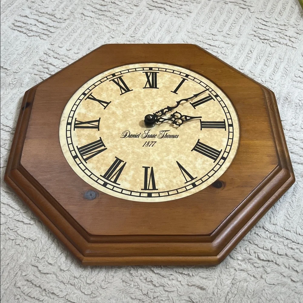 Vintage 1979 wooden octagon wall clock,Daniel Isaac Thomas scroll Roman numerals